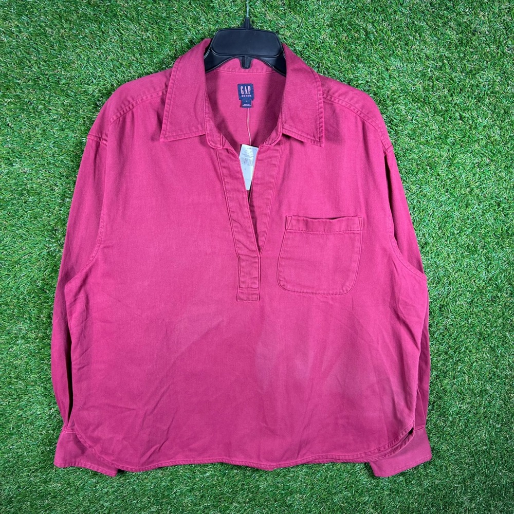 Gap Denim Mens Large Pullover Split Neck Shirt Wine Red Long Sleeve